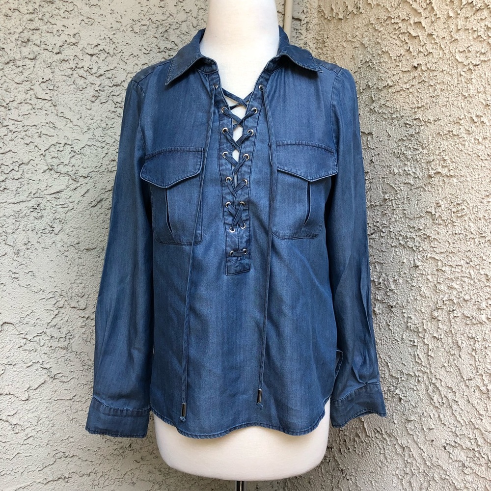 NEW BEBE Denim Long Sleeve Lace up Shirt Blouse